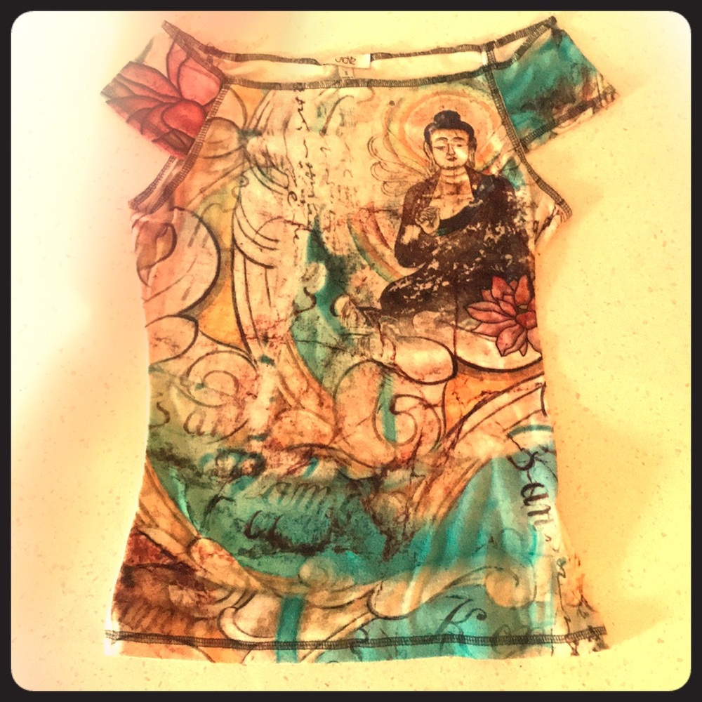 Cute off the shoulder Tee with Buddha designs